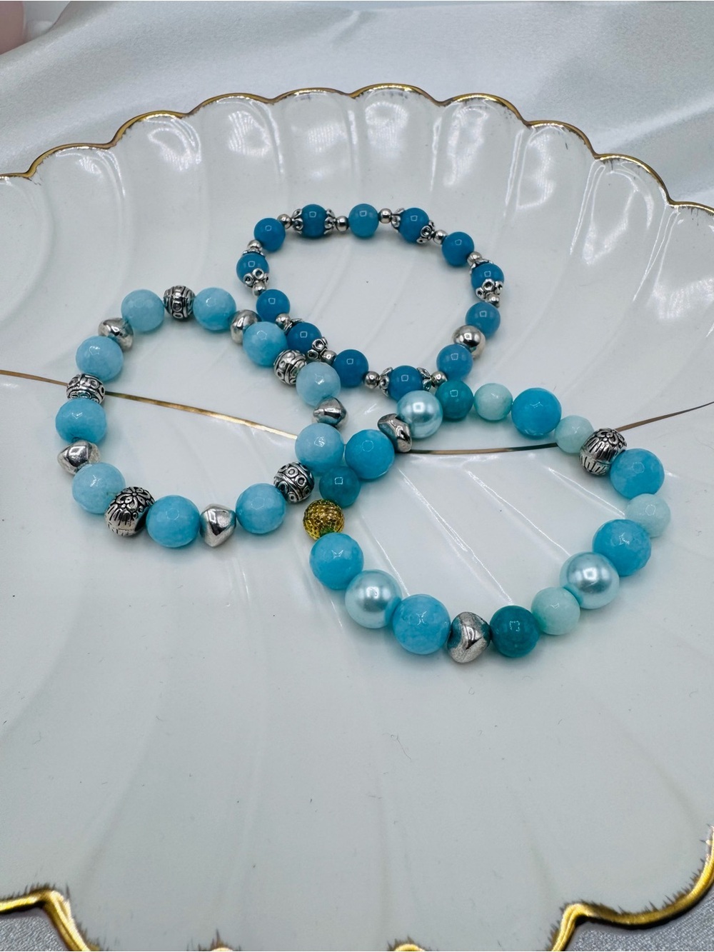 Aqua Marine theme Beaded Stretch Bracelet Blue-tone trio for Small wrists